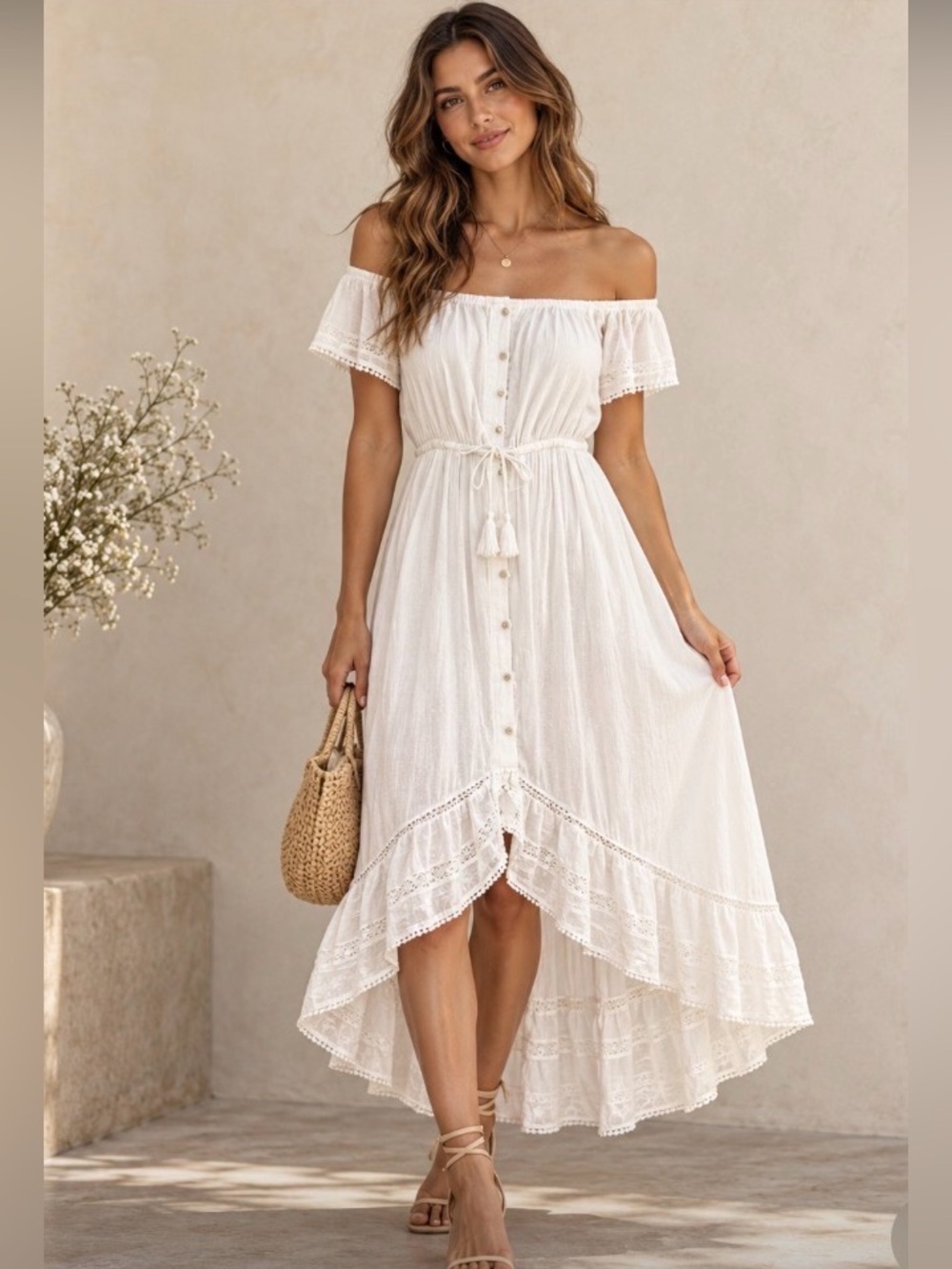 INC Off-Shoulder White Peasant Dress with Ruffle High-Low Hem